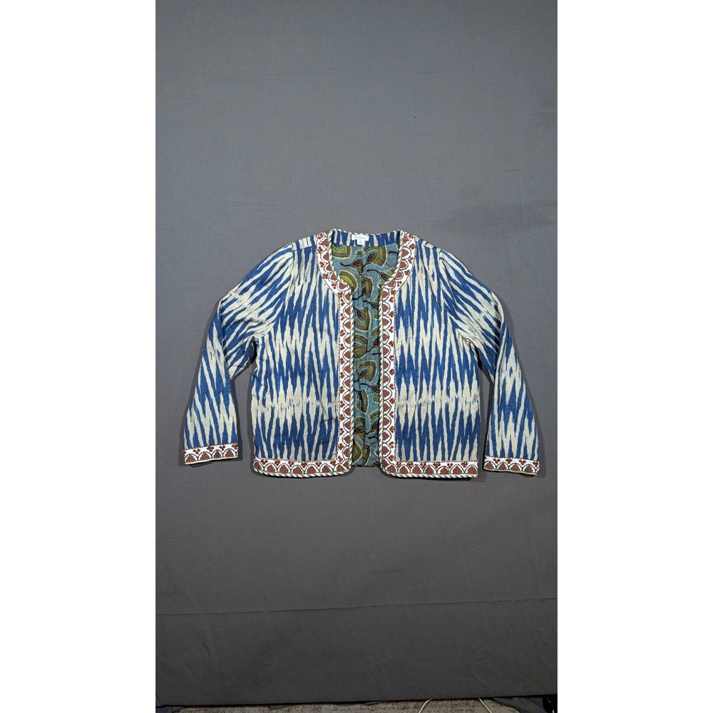 Sundance Women Blue Ikat Embroidered Cotton Open Front Jacket L Paisley Lined